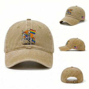 Funny Skeleton Riding Unicorn LGBTQ Pride Washed Cotton Baseball Cap Rainbow Fantasy Graphic TS12 Washed Cap Universal Fit Khaki Print Your Wear
