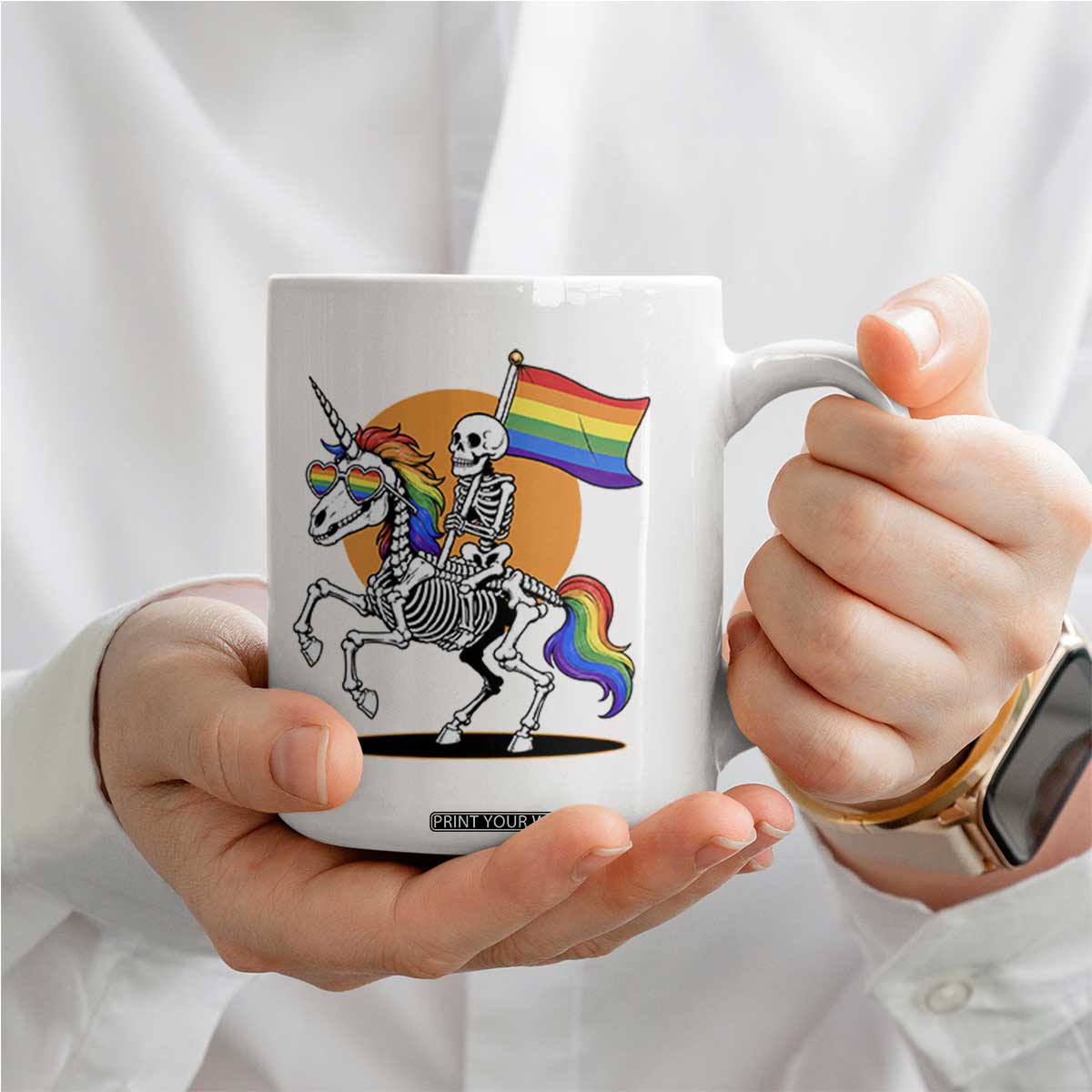 Funny Skeleton Riding Unicorn LGBTQ Pride Coffee Mug Rainbow Fantasy Graphic TS12 Print Your Wear