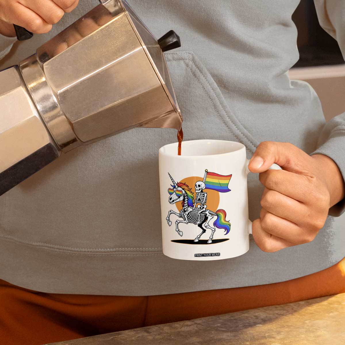 Funny Skeleton Riding Unicorn LGBTQ Pride Coffee Mug Rainbow Fantasy Graphic TS12 Print Your Wear