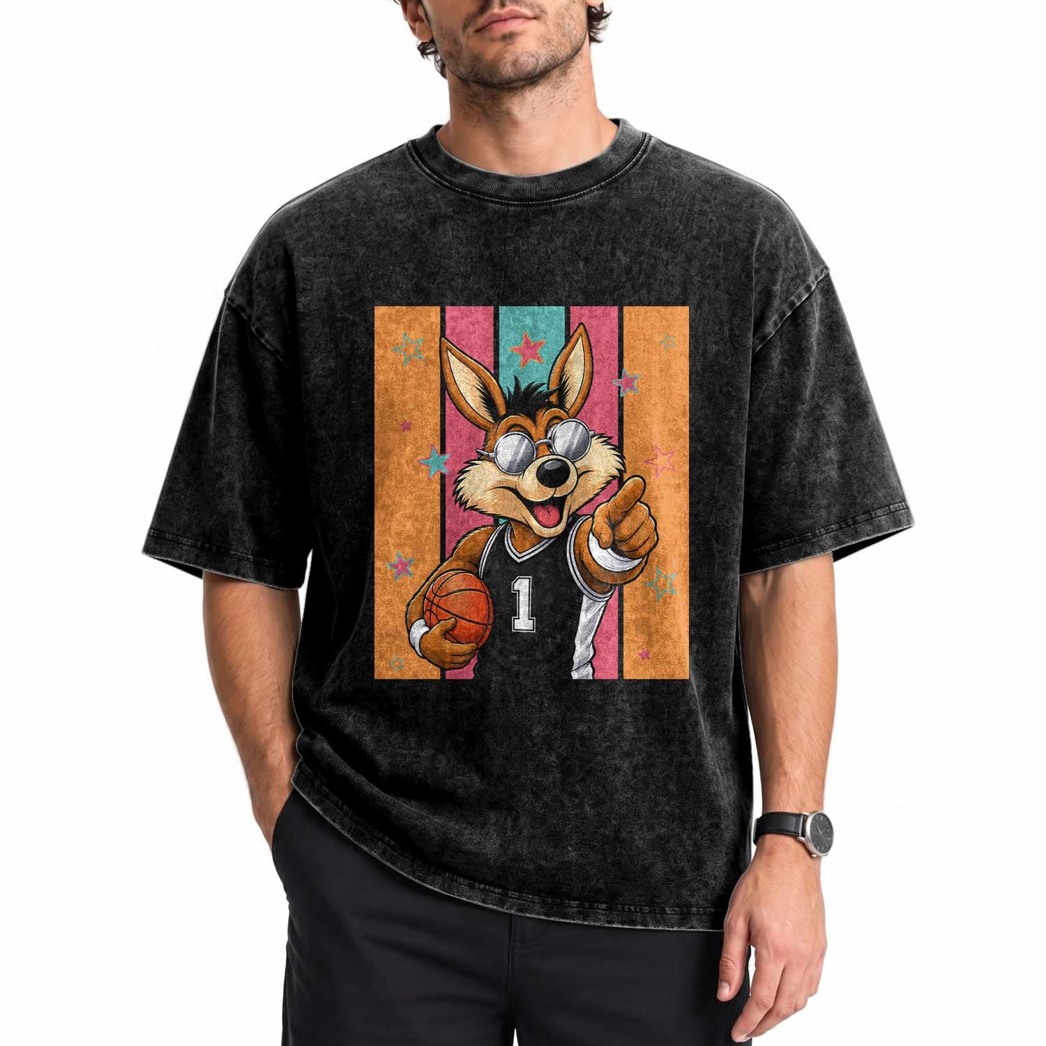 Funny Coyote Playing Basketball Washed Cotton T-Shirt Hoops Fan Gift