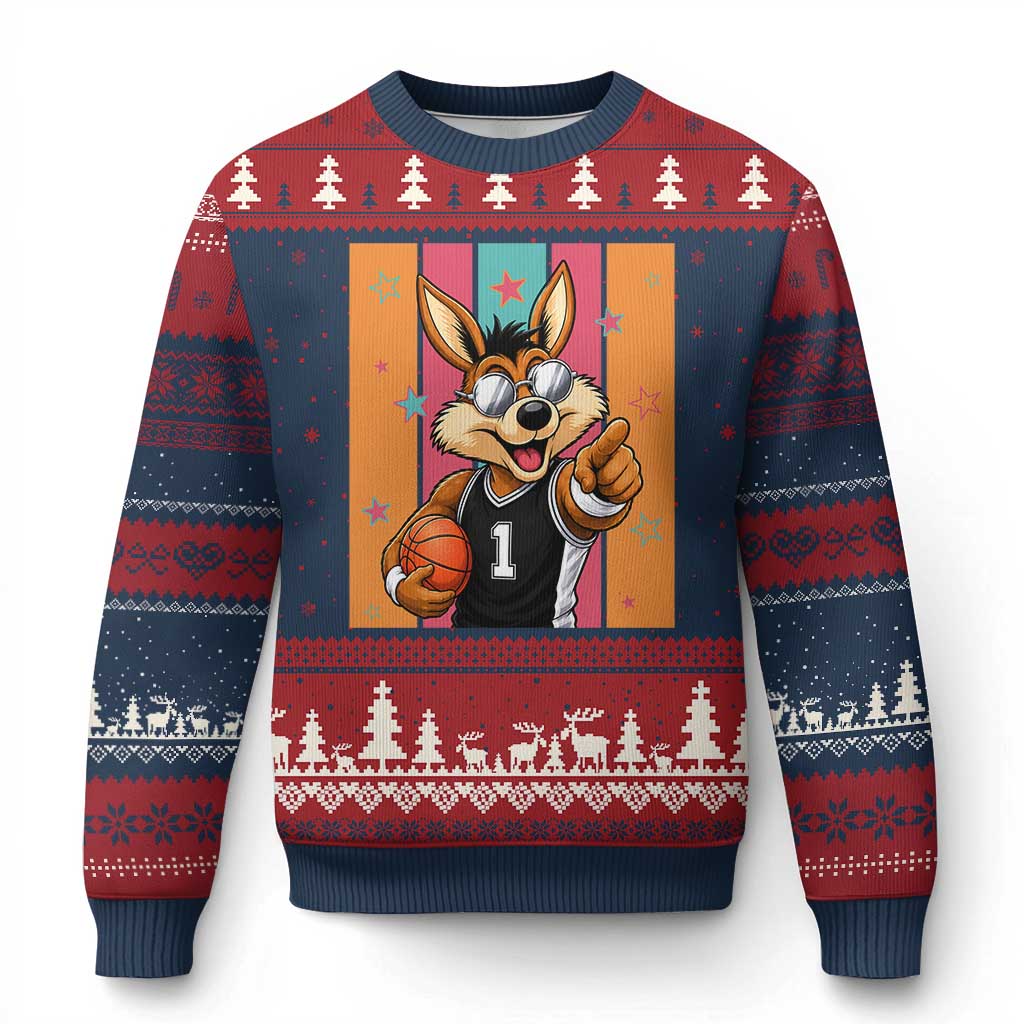 Funny Coyote Playing Basketball Ugly Christmas Sweater Hoops Fan Gift TS12 Navy Red Print Your Wear