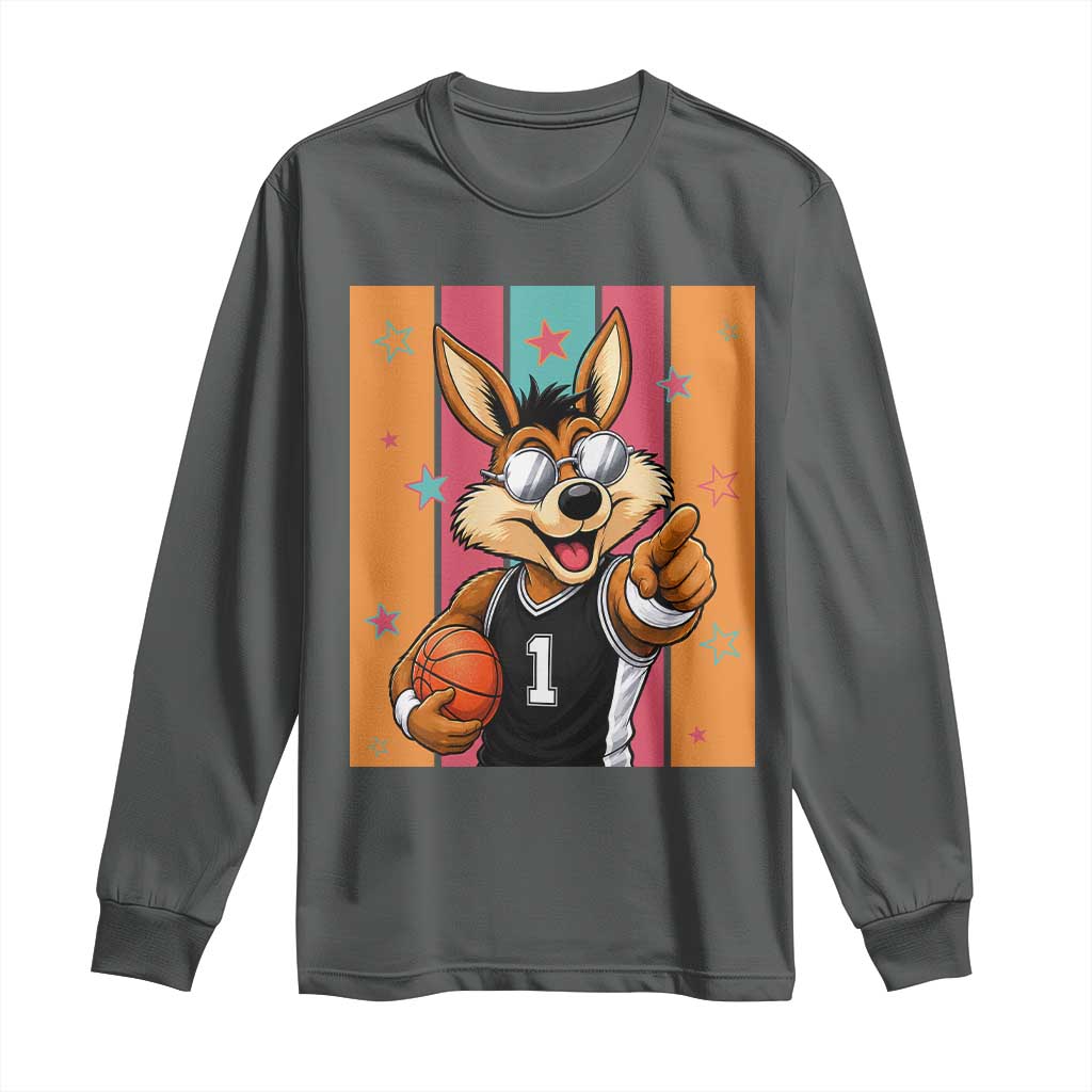 Funny Coyote Playing Basketball Long Sleeve Shirt Hoops Fan Gift TS12 Dark Heather Print Your Wear