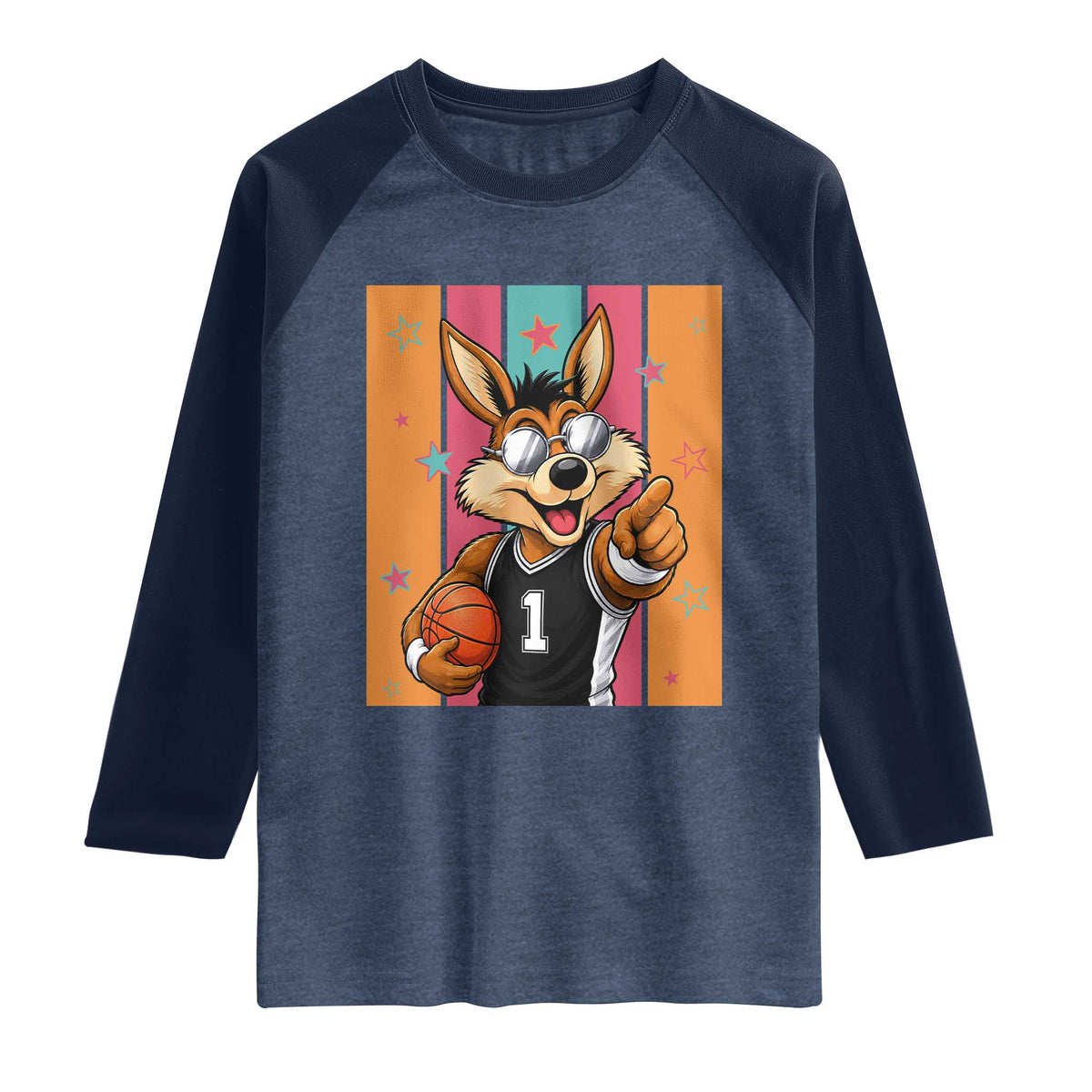 Funny Coyote Playing Basketball Raglan Shirt Hoops Fan Gift TS12 Heather Denim Navy Print Your Wear