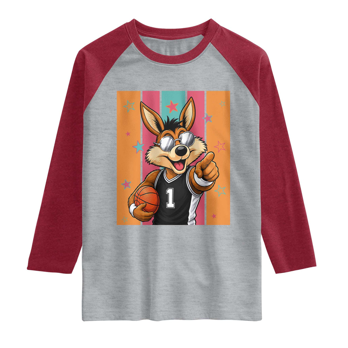 Funny Coyote Playing Basketball Raglan Shirt Hoops Fan Gift TS12 Heather Gray Heather Red Print Your Wear