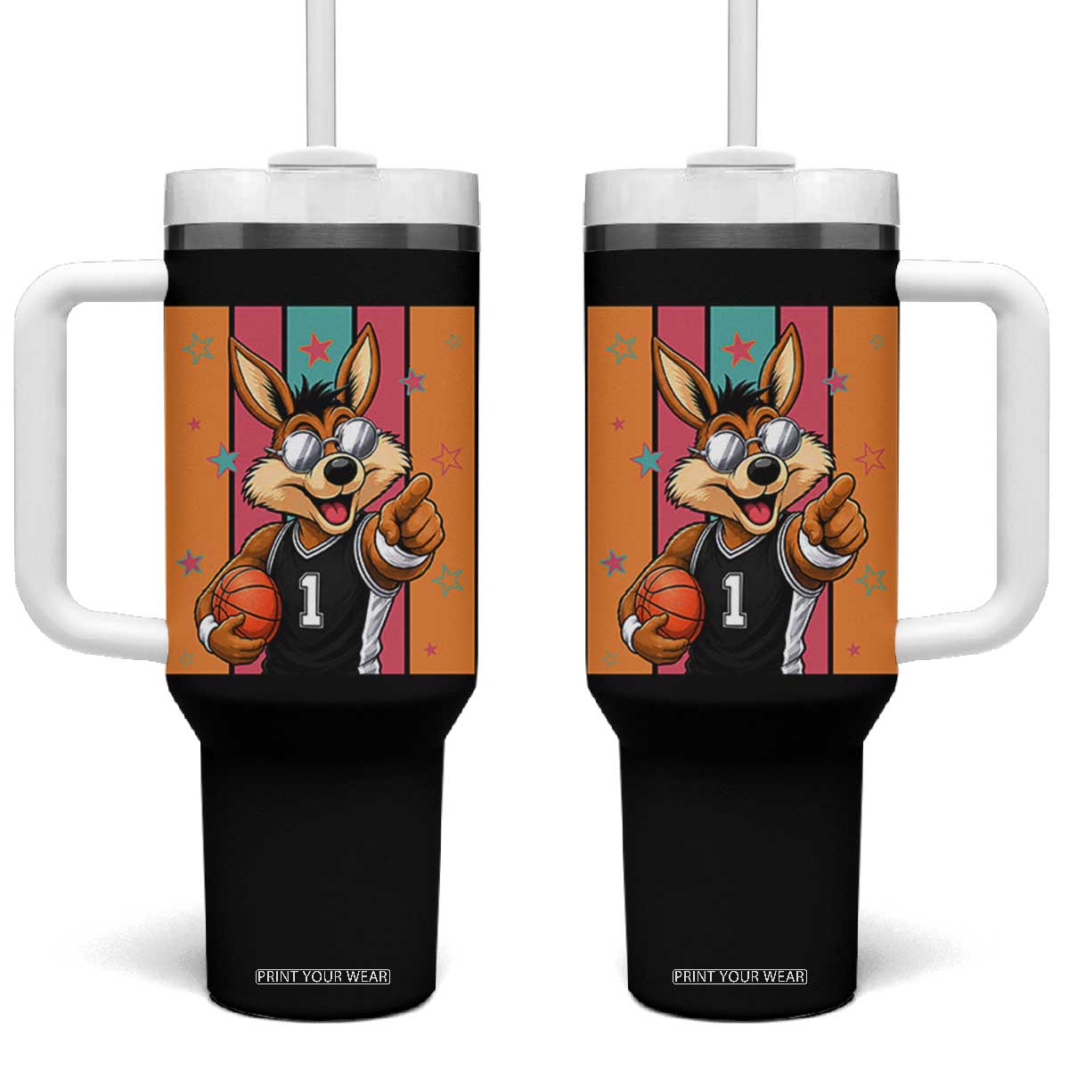 Funny Coyote Playing Basketball Tumbler With Handle Hoops Fan Gift TS12 One Size: 40 oz Black Print Your Wear