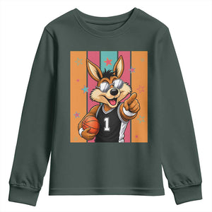 Funny Coyote Playing Basketball Youth Sweatshirt Hoops Fan Gift TS12 Dark Forest Green Print Your Wear
