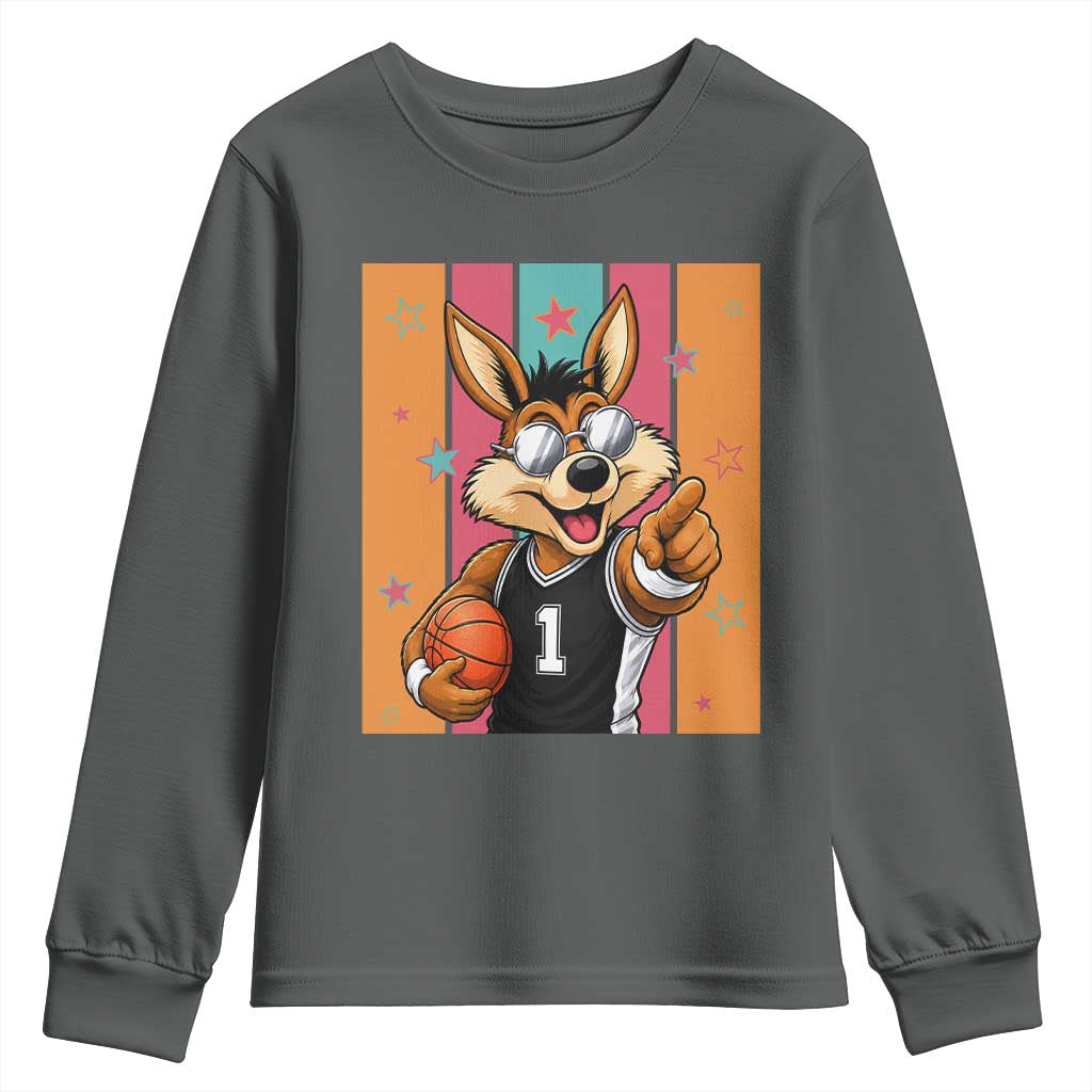 Funny Coyote Playing Basketball Youth Sweatshirt Hoops Fan Gift TS12 Dark Heather Print Your Wear