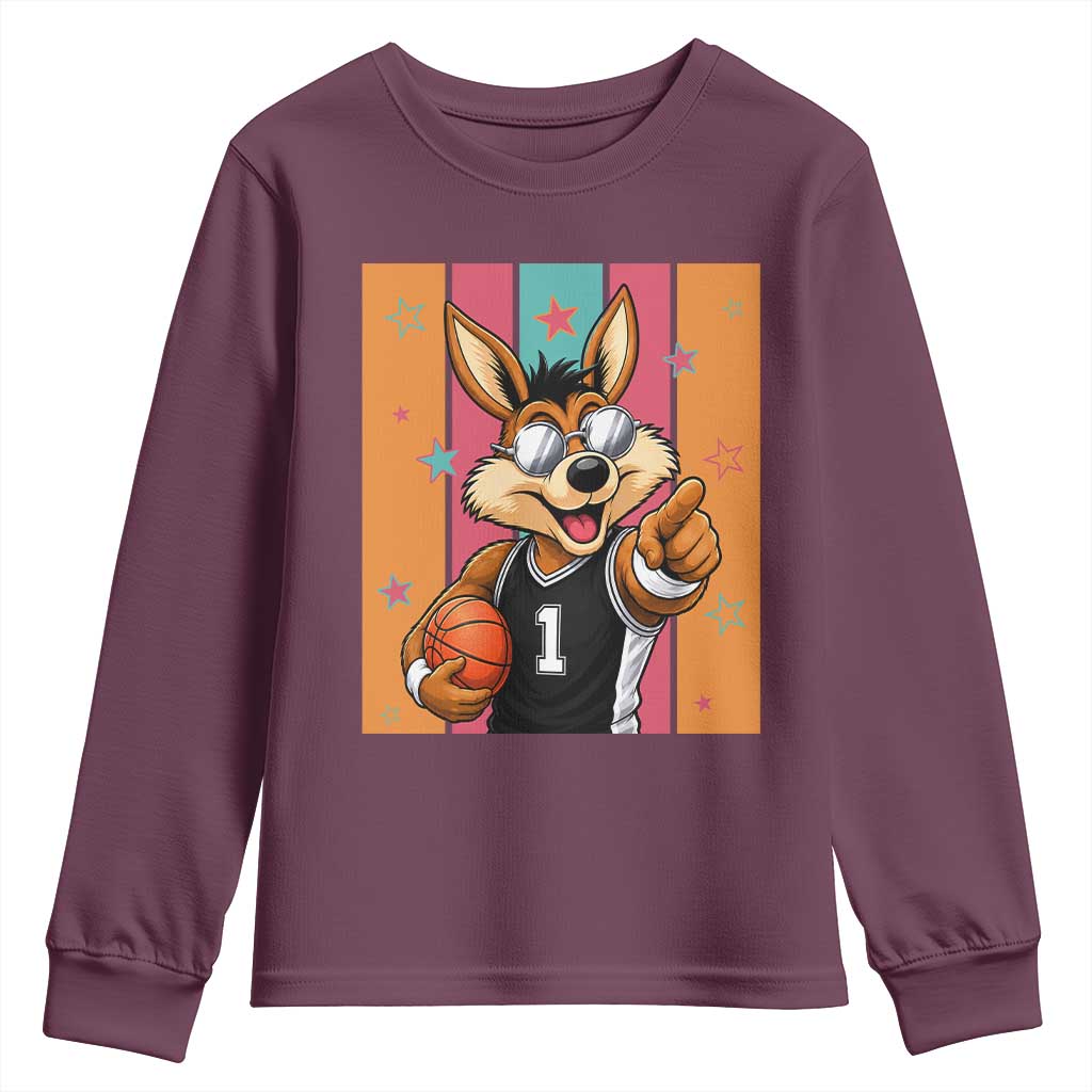 Funny Coyote Playing Basketball Youth Sweatshirt Hoops Fan Gift TS12 Maroon Print Your Wear