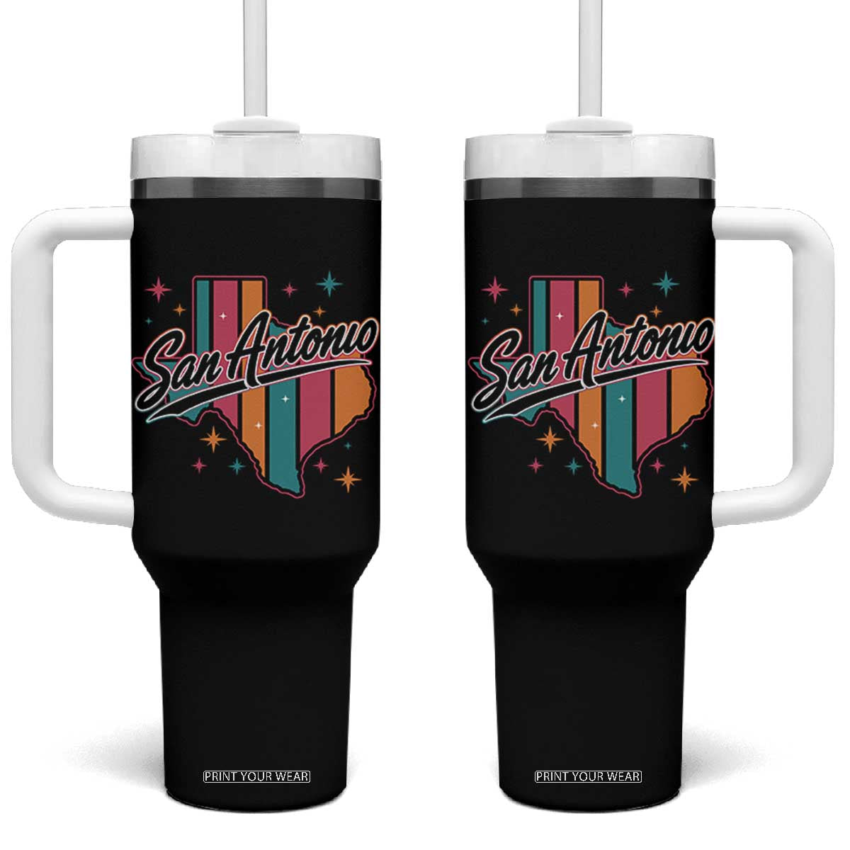 San Antonio Game Day Spirit Tumbler With Handle Texas Map Pride TS12 One Size: 40 oz Black Print Your Wear