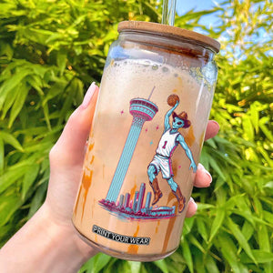 Funny Alien Cowboy Dunking Basketball Glass Can San Antonio Skyline TS12 White Print Your Wear