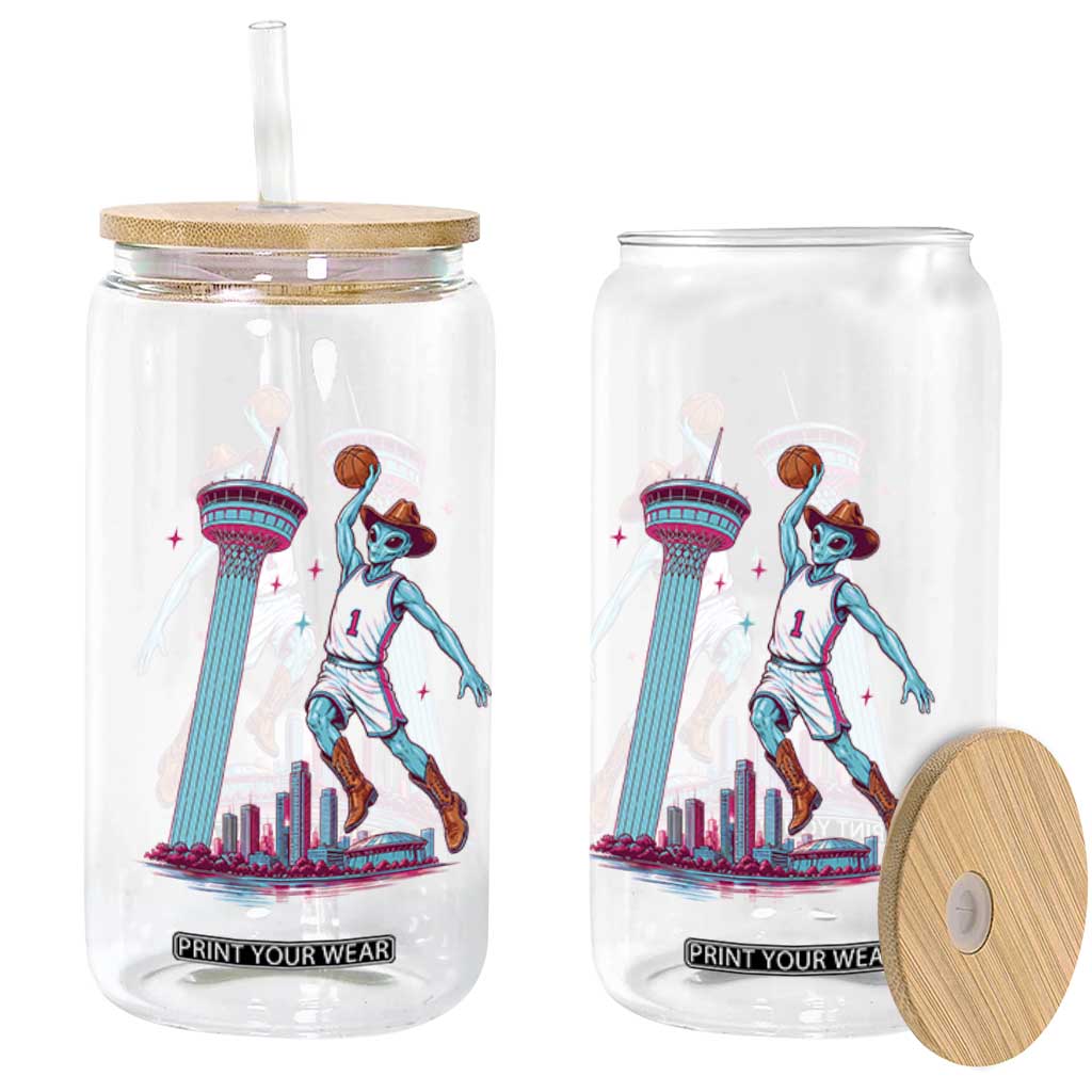 Funny Alien Cowboy Dunking Basketball Glass Can San Antonio Skyline TS12 Print Your Wear