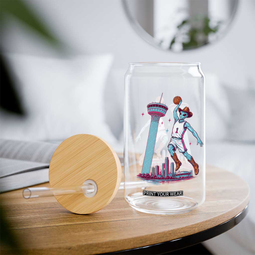 Funny Alien Cowboy Dunking Basketball Glass Can San Antonio Skyline TS12 Print Your Wear