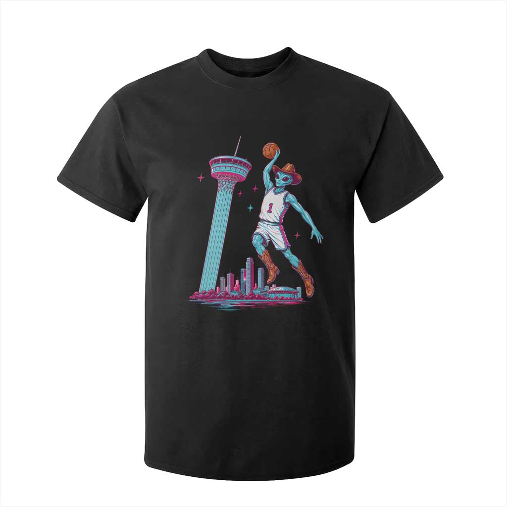 Funny Alien Cowboy Dunking Basketball T Shirt For Kid San Antonio Skyline TS12 Black Print Your Wear