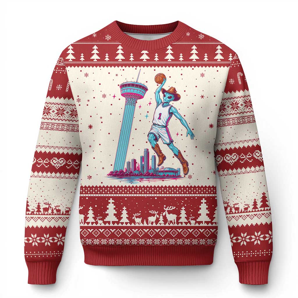 Funny Alien Cowboy Dunking Basketball Ugly Christmas Sweater San Antonio Skyline TS12 Beige Red Print Your Wear