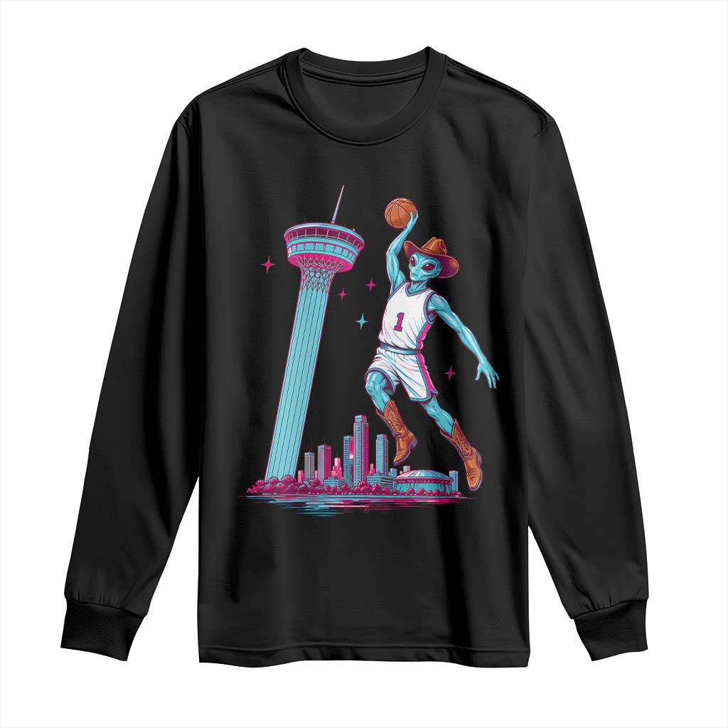 Funny Alien Cowboy Dunking Basketball Long Sleeve Shirt San Antonio Skyline TS12 Black Print Your Wear
