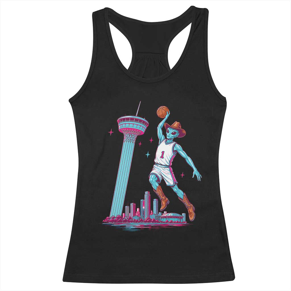 Funny Alien Cowboy Dunking Basketball Racerback Tank Top San Antonio Skyline TS12 Black Print Your Wear