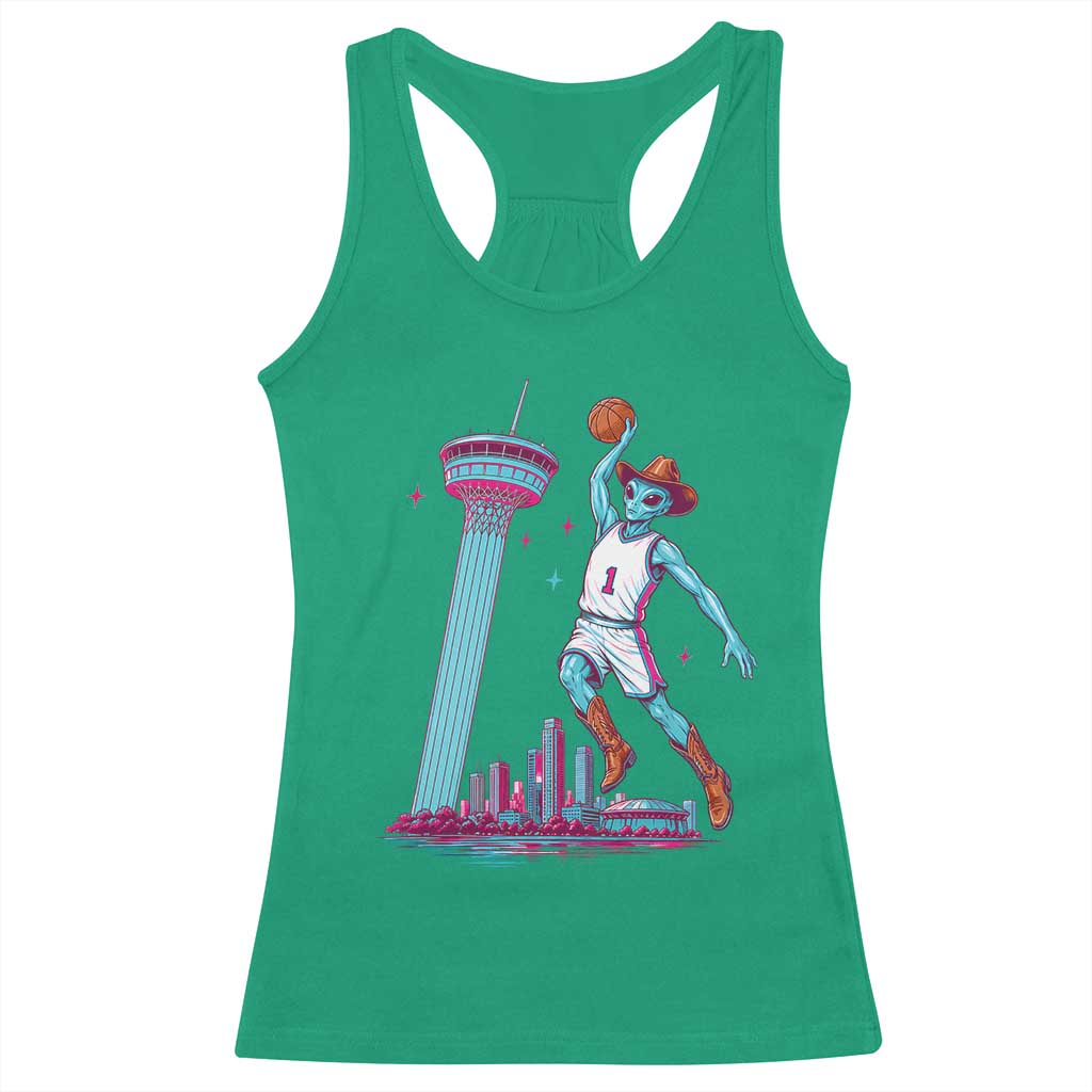 Funny Alien Cowboy Dunking Basketball Racerback Tank Top San Antonio Skyline TS12 Irish Green Print Your Wear