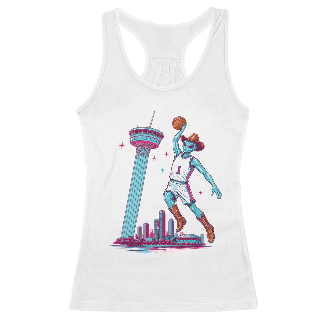 Funny Alien Cowboy Dunking Basketball Racerback Tank Top San Antonio Skyline TS12 White Print Your Wear