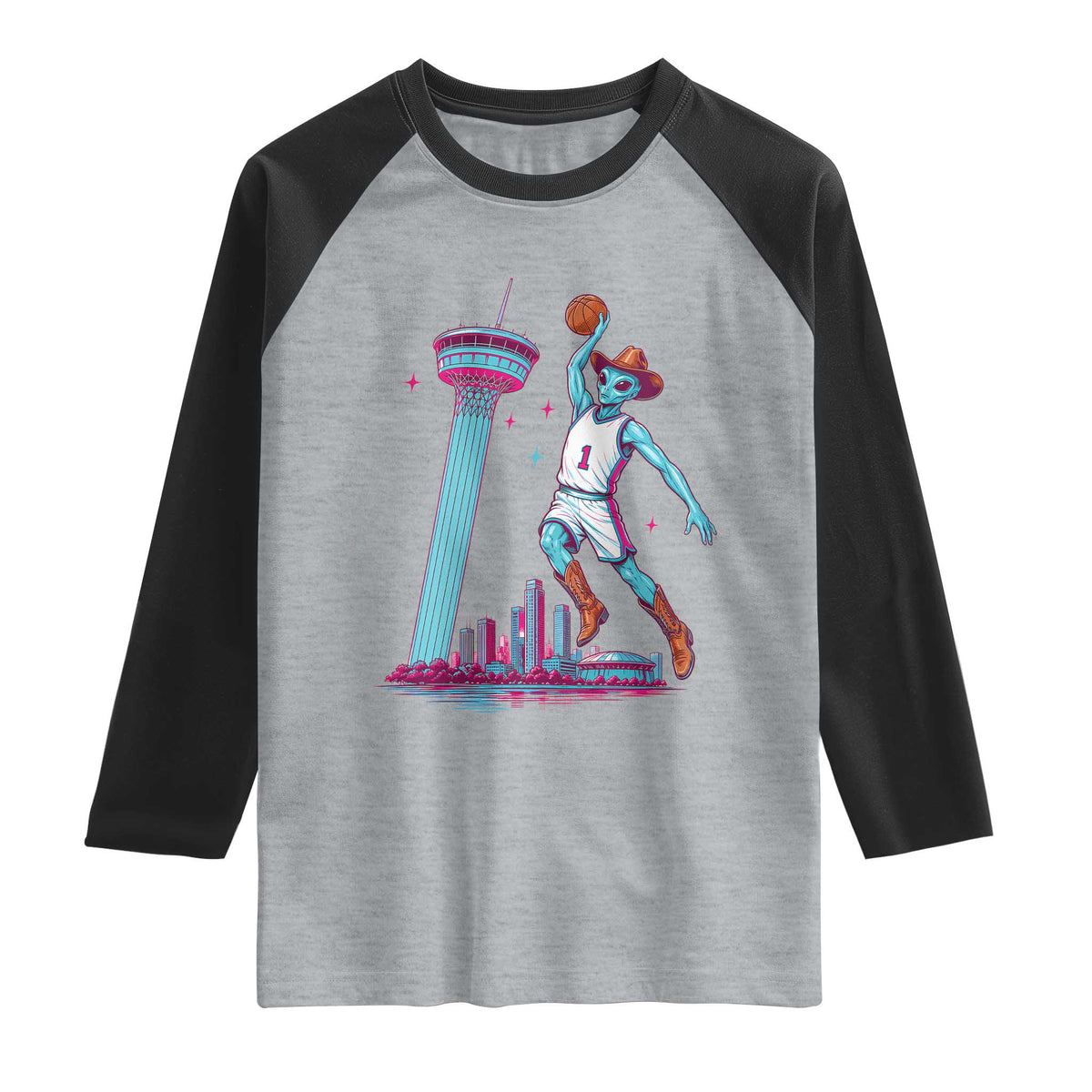 Funny Alien Cowboy Dunking Basketball Raglan Shirt San Antonio Skyline TS12 Heather Gray Black Print Your Wear