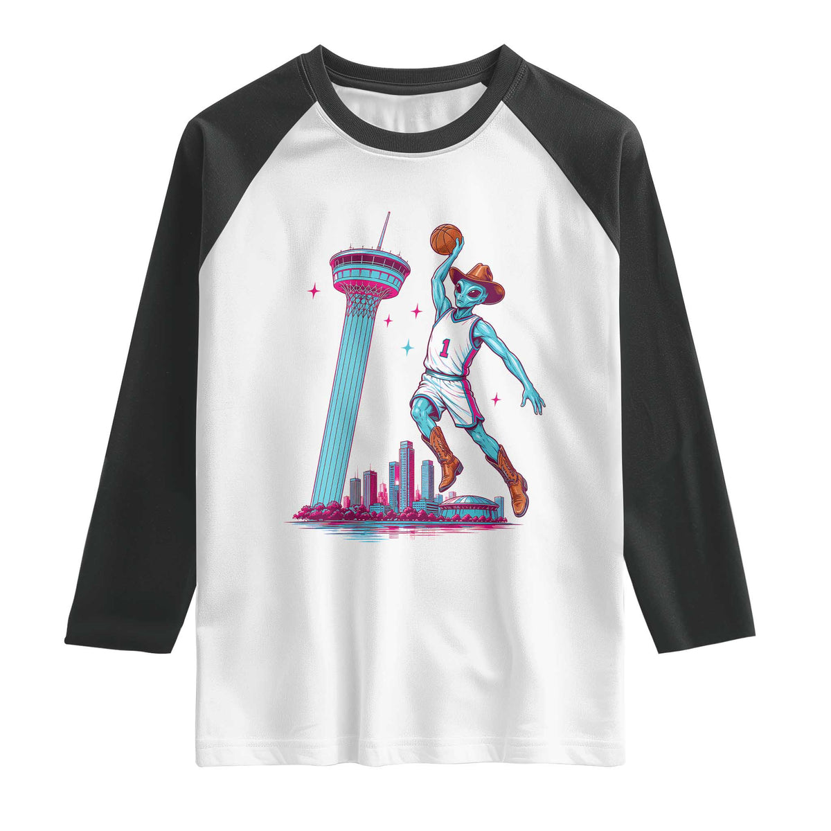 Funny Alien Cowboy Dunking Basketball Raglan Shirt San Antonio Skyline TS12 White Black Print Your Wear