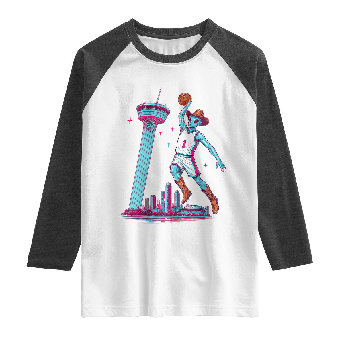 Funny Alien Cowboy Dunking Basketball Raglan Shirt San Antonio Skyline TS12 White Heather Charcoal Print Your Wear