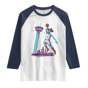 Funny Alien Cowboy Dunking Basketball Raglan Shirt San Antonio Skyline TS12 White Navy Print Your Wear