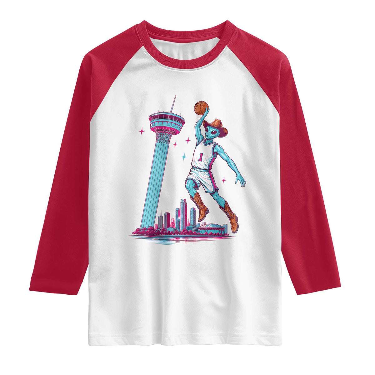 Funny Alien Cowboy Dunking Basketball Raglan Shirt San Antonio Skyline TS12 White Red Print Your Wear