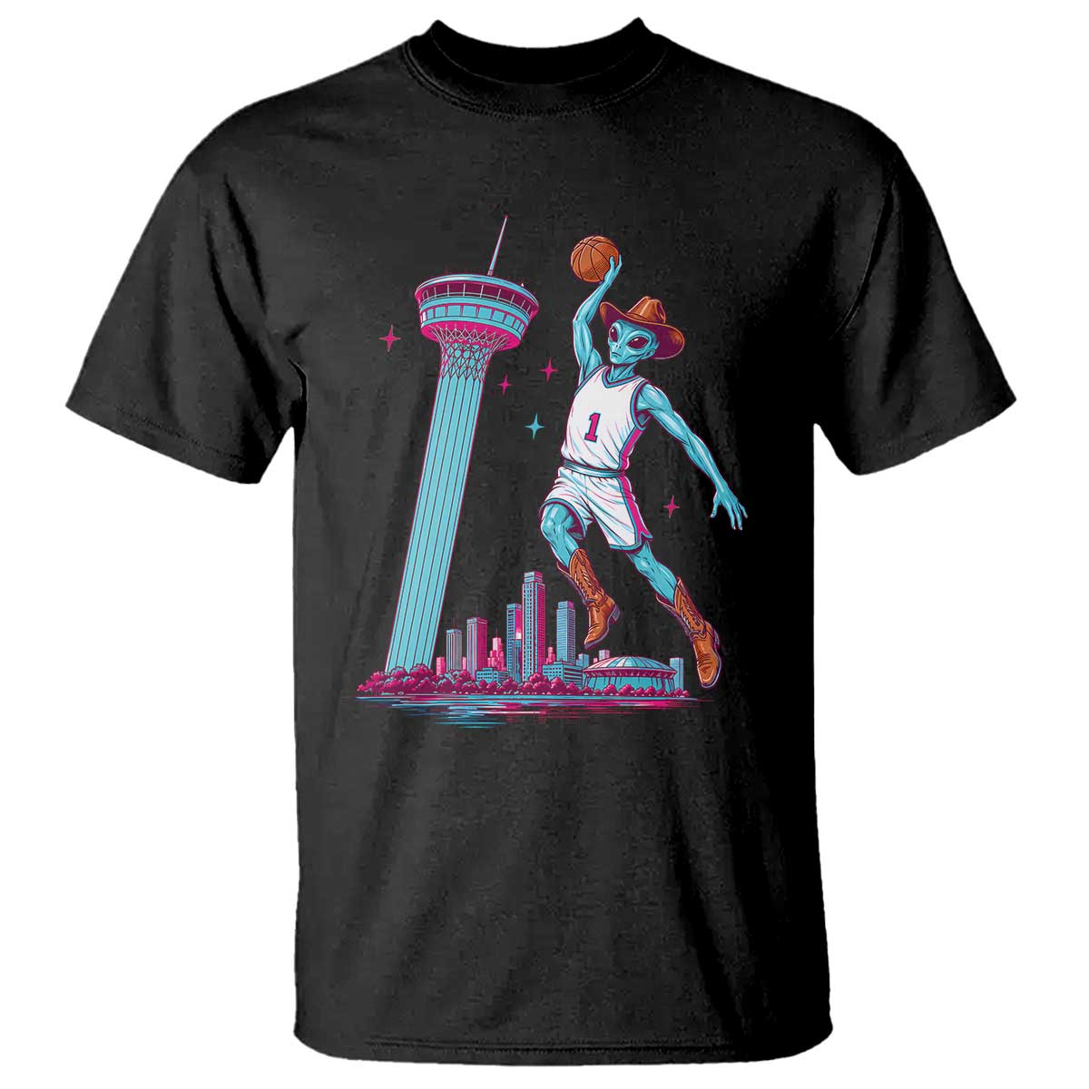 Funny Alien Cowboy Dunking Basketball T Shirt San Antonio Skyline TS12 Black Print Your Wear