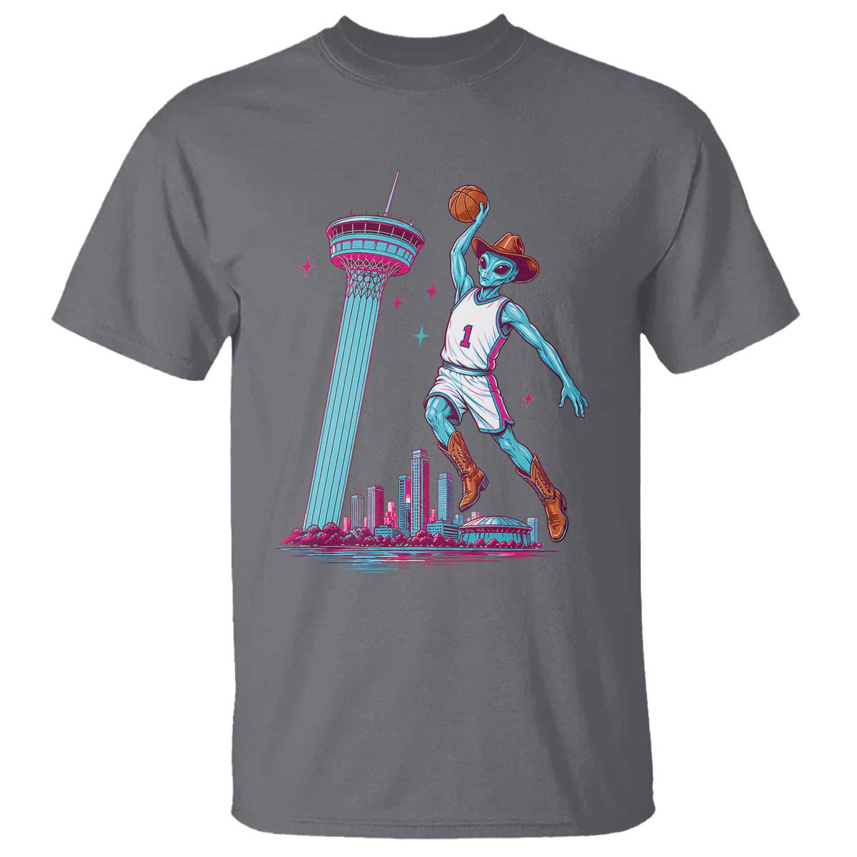 Funny Alien Cowboy Dunking Basketball T Shirt San Antonio Skyline TS12 Charcoal Print Your Wear