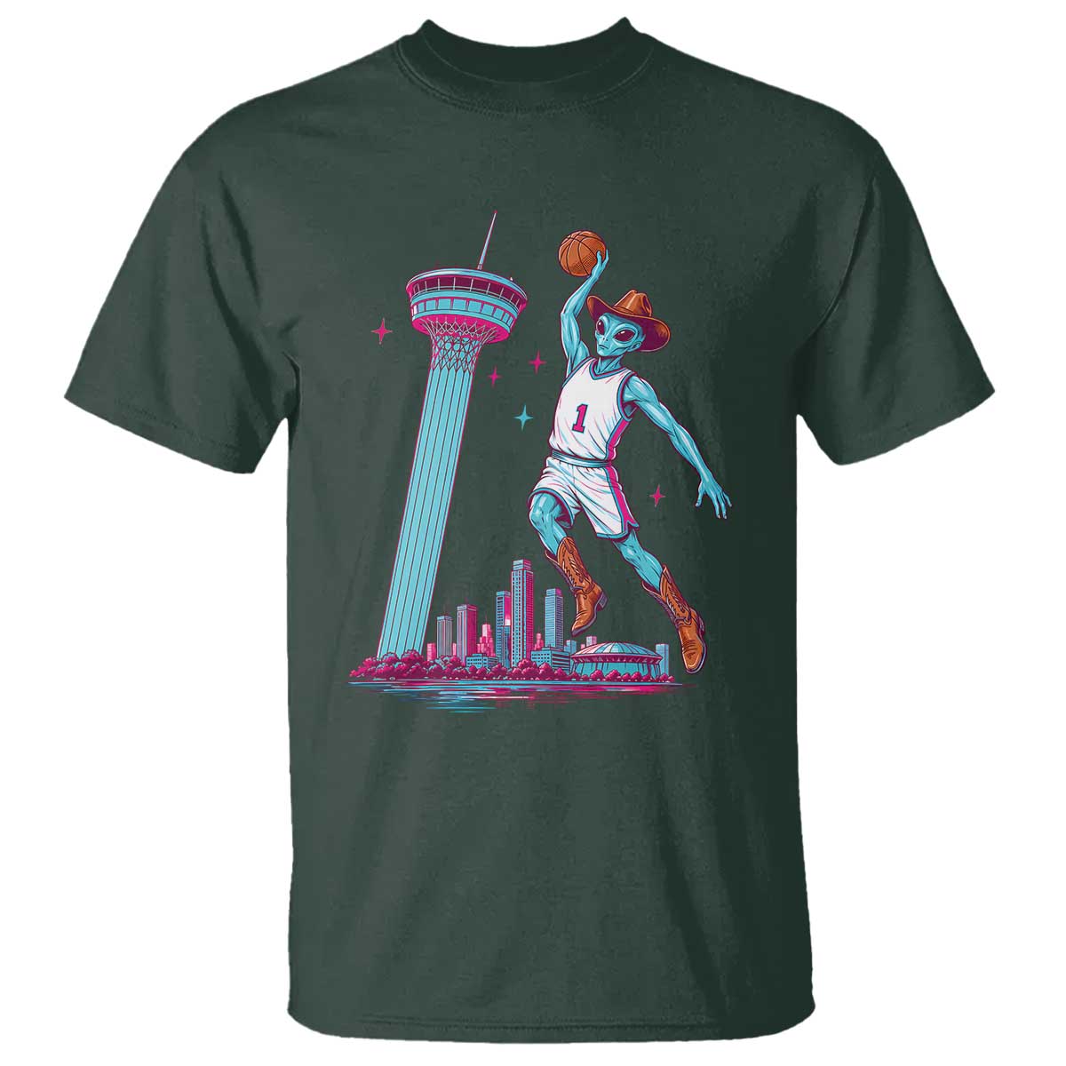 Funny Alien Cowboy Dunking Basketball T Shirt San Antonio Skyline TS12 Dark Forest Green Print Your Wear
