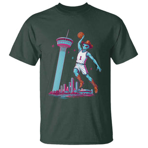 Funny Alien Cowboy Dunking Basketball T Shirt San Antonio Skyline TS12 Dark Forest Green Print Your Wear