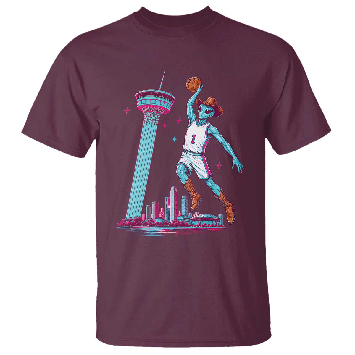 Funny Alien Cowboy Dunking Basketball T Shirt San Antonio Skyline TS12 Maroon Print Your Wear