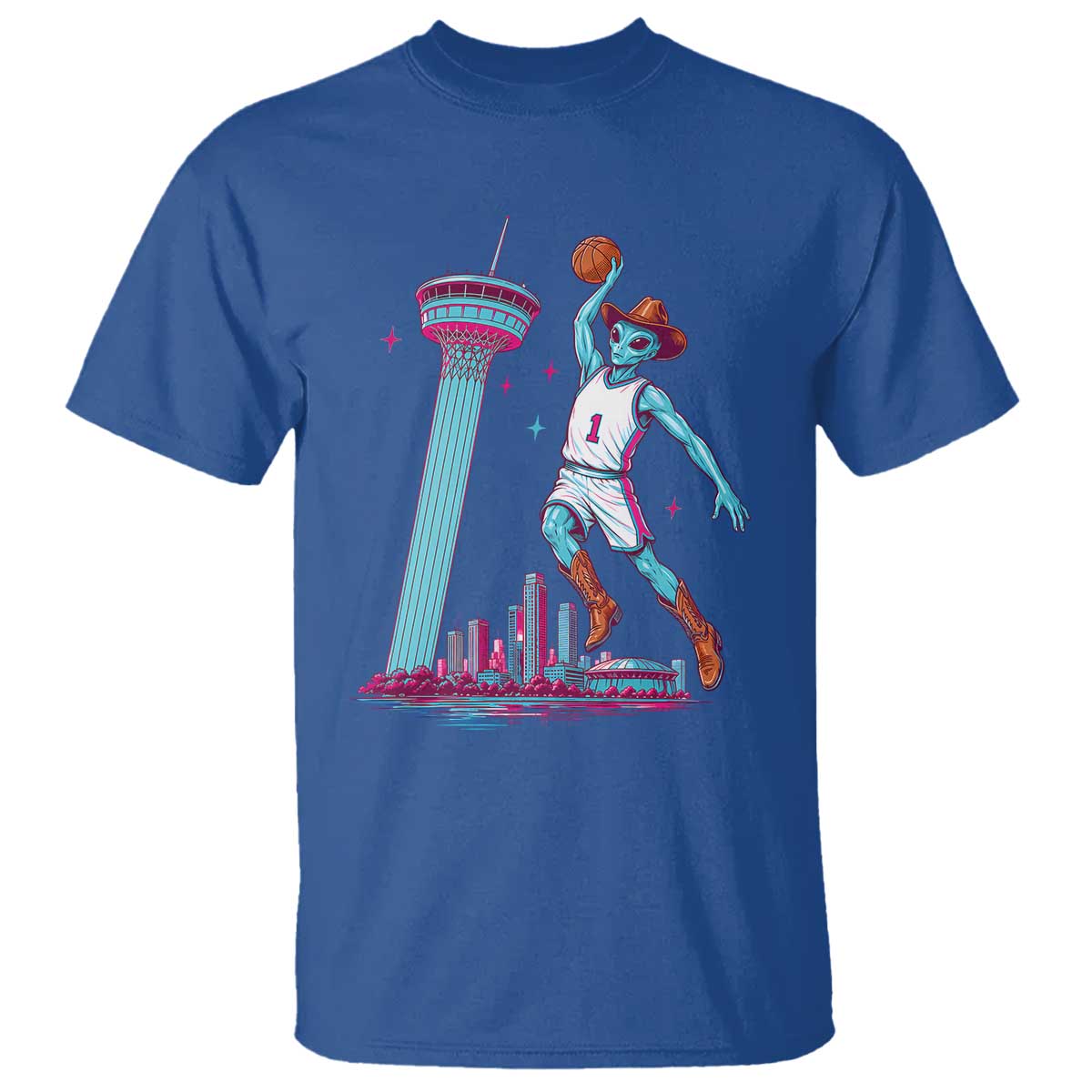 Funny Alien Cowboy Dunking Basketball T Shirt San Antonio Skyline TS12 Royal Blue Print Your Wear