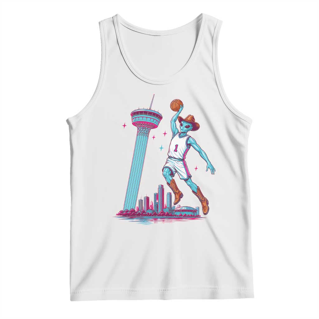 Funny Alien Cowboy Dunking Basketball Tank Top San Antonio Skyline TS12 White Print Your Wear