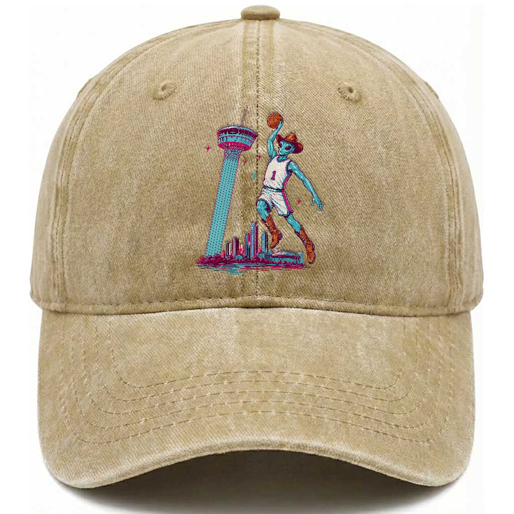 Funny Alien Cowboy Dunking Basketball Washed Cotton Baseball Cap San Antonio Skyline TS12 Print Your Wear