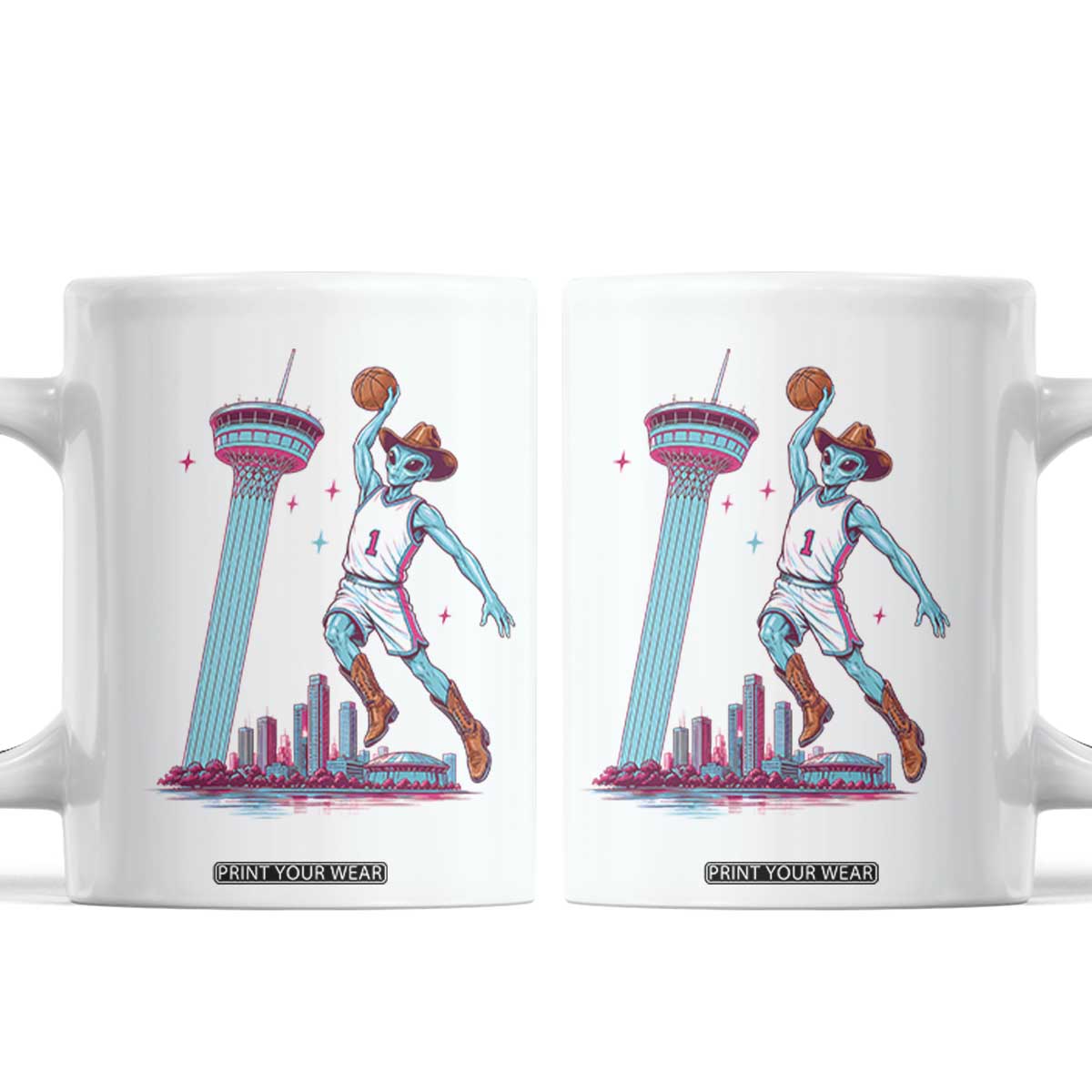Funny Alien Cowboy Dunking Basketball Coffee Mug San Antonio Skyline TS12 White Print Your Wear