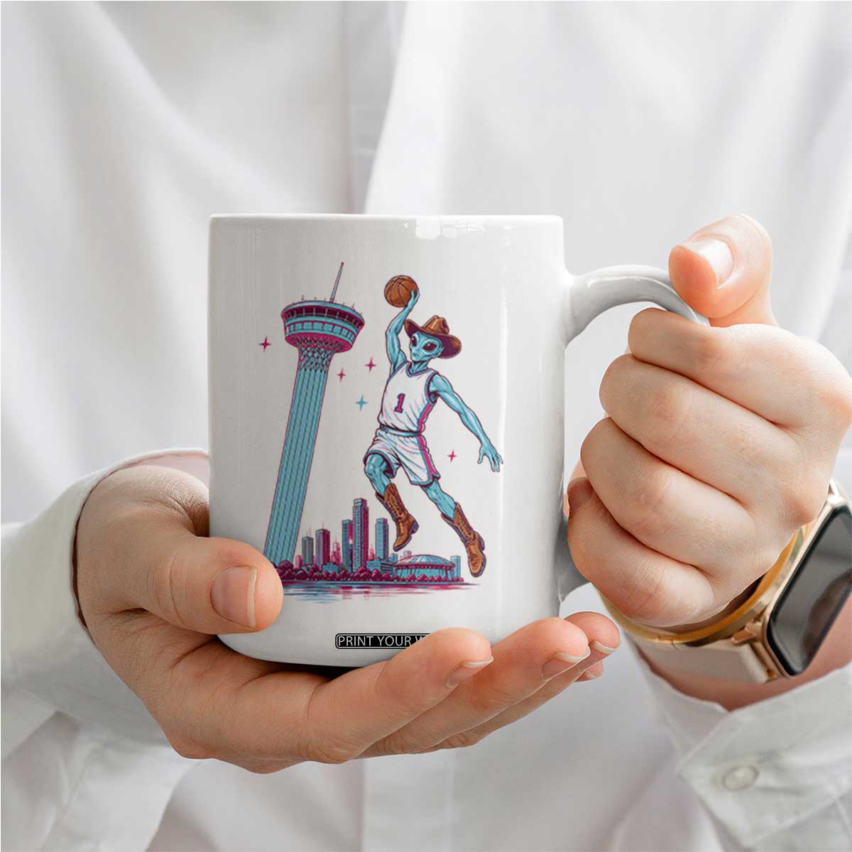 Funny Alien Cowboy Dunking Basketball Coffee Mug San Antonio Skyline TS12 Print Your Wear