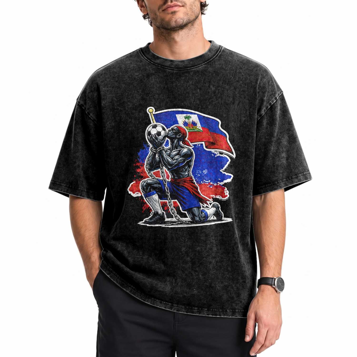 Proud Haiti Soccer Fan Washed Cotton T-Shirt Ayiti Heritage Pride