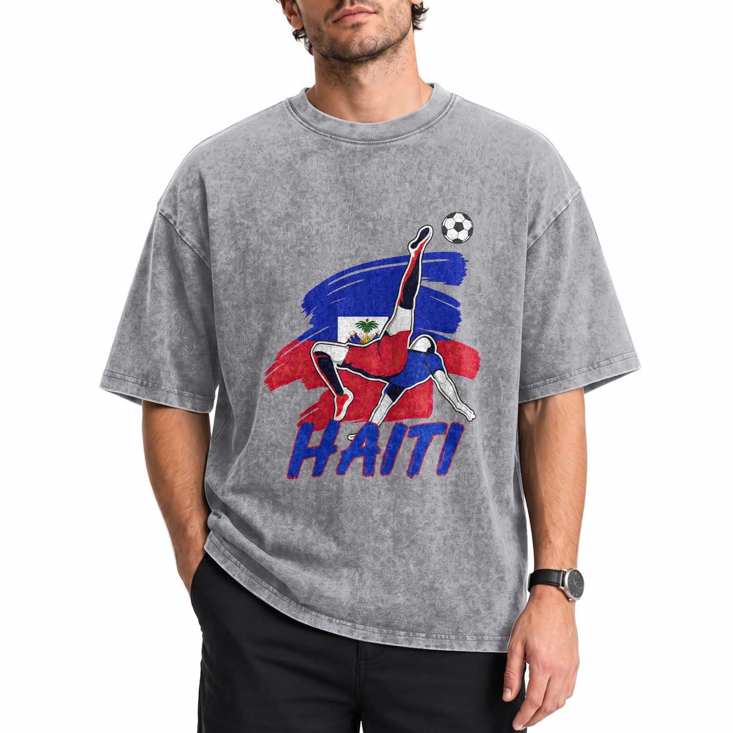 Caribbean Soccer Lover Gift Washed Cotton T-Shirt Haitian Heritage Pride
