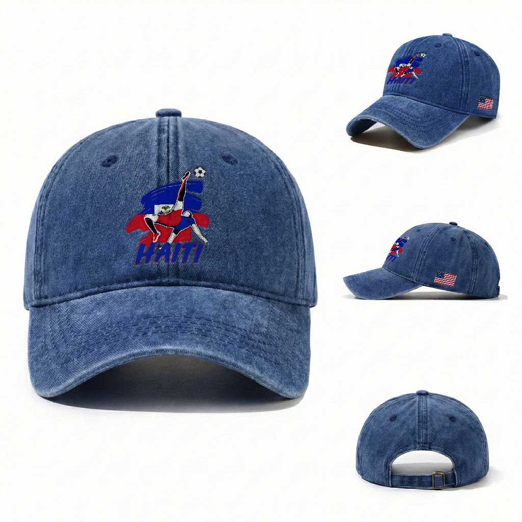 Caribbean Soccer Lover Gift Washed Cotton Baseball Cap Haitian Heritage Pride TS12 Washed Cap Universal Fit Royal Blue Print Your Wear