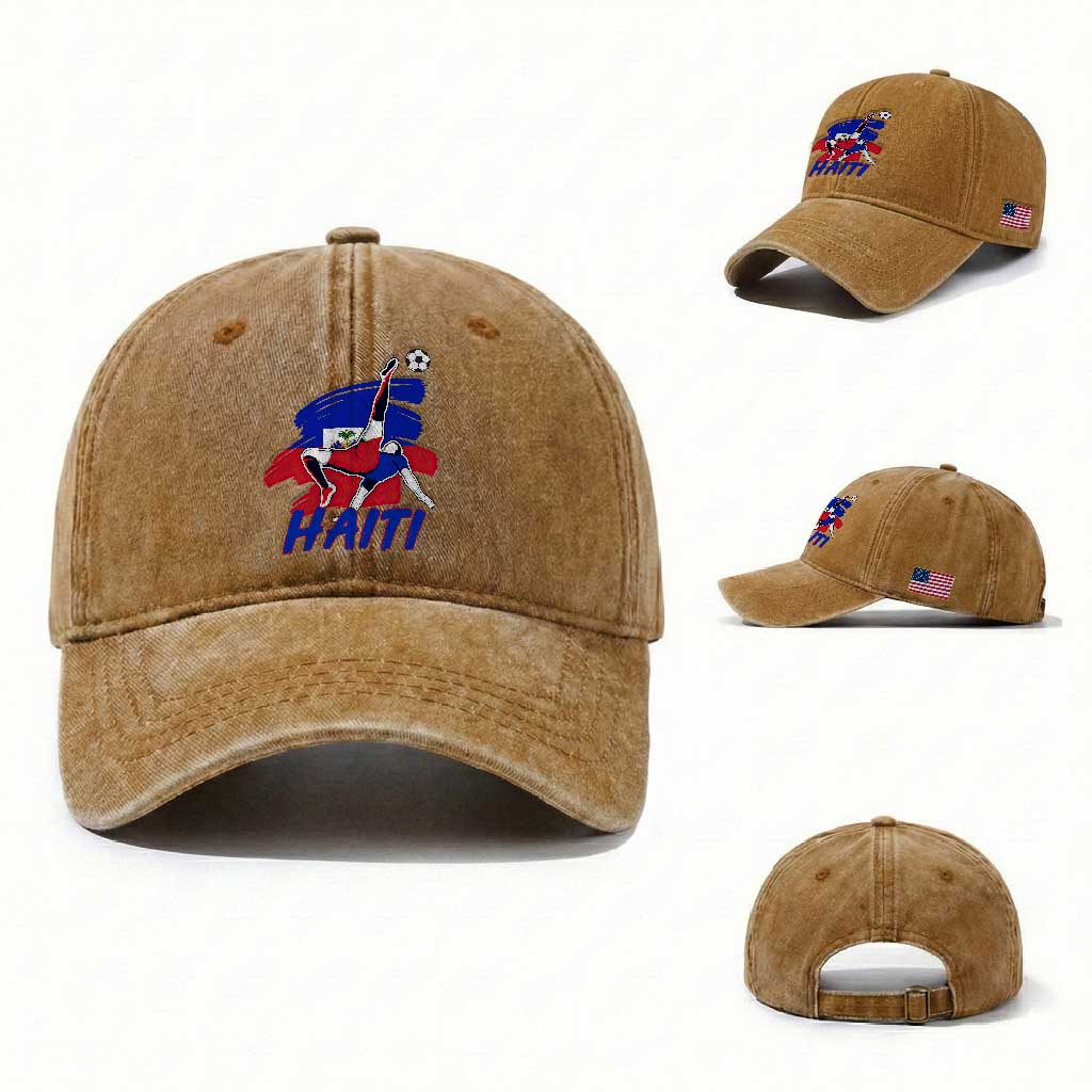 Caribbean Soccer Lover Gift Washed Cotton Baseball Cap Haitian Heritage Pride TS12 Washed Cap Universal Fit Yellow Ochre Print Your Wear