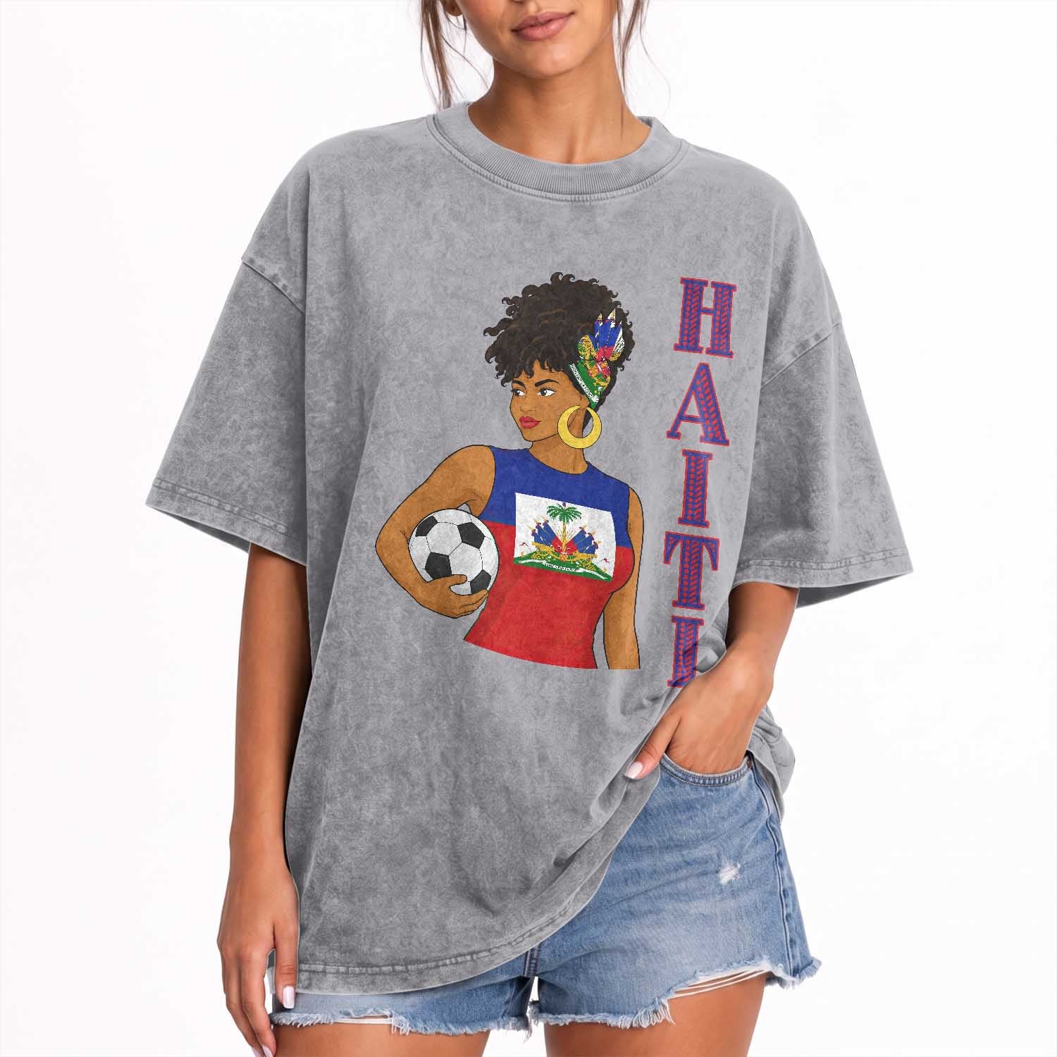Haitian Soccer Fan Girl Washed Cotton T-Shirt Ayiti Heritage Pride Football Lover