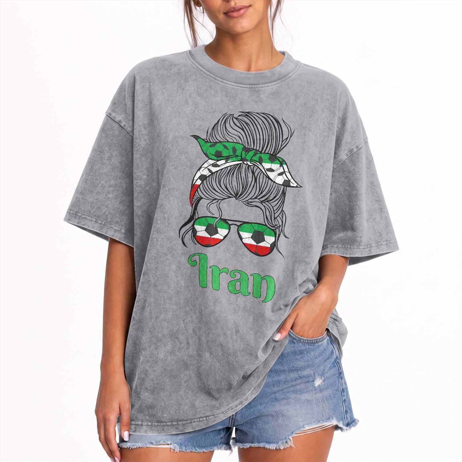 Persian Girl Power Soccer Fan Washed Cotton T-Shirt Team Iran Heritage Gift