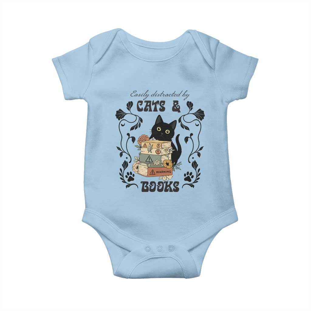Easily Distracted By Cats And Books Baby Onesie Funny Book Kitty Lover TS12 Light Blue Print Your Wear