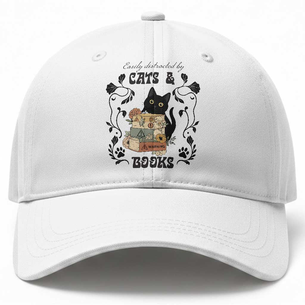 Easily Distracted By Cats And Books Baseball Cap Funny Book Kitty Lover TS12 Print Your Wear