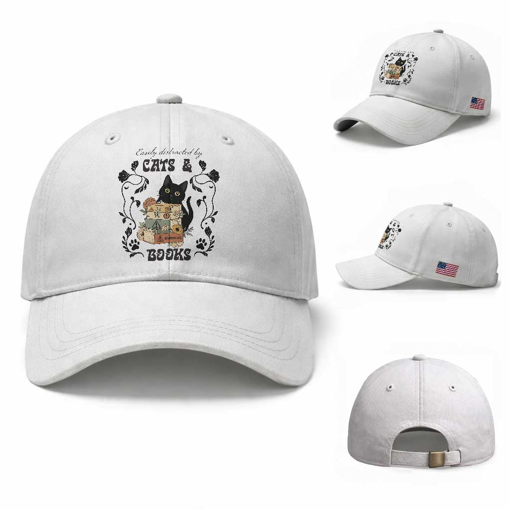 Easily Distracted By Cats And Books Baseball Cap Funny Book Kitty Lover TS12 Baseball Cap Universal Fit White Print Your Wear