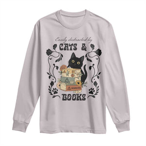 Easily Distracted By Cats And Books Long Sleeve Shirt Funny Book Kitty Lover TS12 Ice Gray Print Your Wear