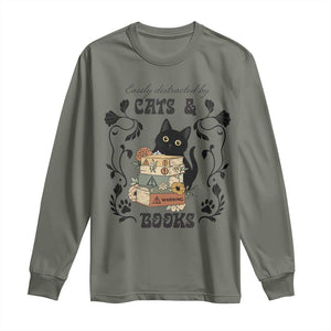 Easily Distracted By Cats And Books Long Sleeve Shirt Funny Book Kitty Lover TS12 Military Green Print Your Wear