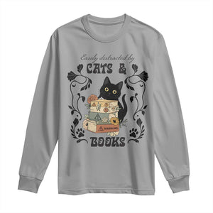 Easily Distracted By Cats And Books Long Sleeve Shirt Funny Book Kitty Lover TS12 Sport Gray Print Your Wear