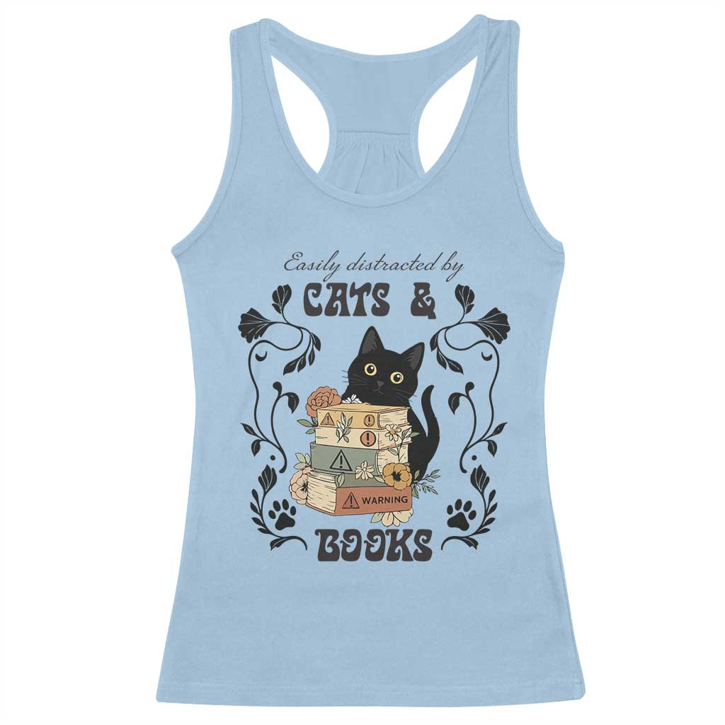 Easily Distracted By Cats And Books Racerback Tank Top Funny Book Kitty Lover TS12 Light Blue Print Your Wear